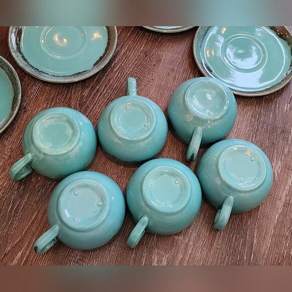 Jaska of California‎ Cascade Ware Blue with Brown Drip Vintage 6 Teacups Saucers - Picture 7 of 13